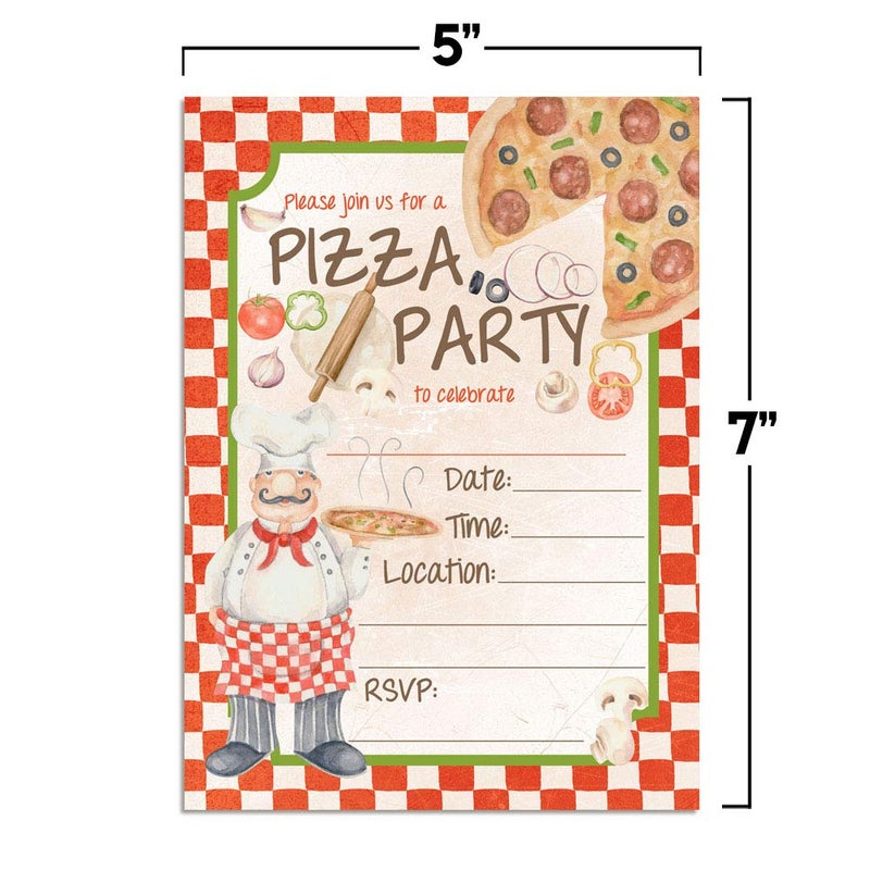 Amanda Creation Watercolor Chef Pizza Party Themed Birthday Party Invitations for Kids, 20 5x7 Fill In Cards with Twenty White Envelopes by AmandaCreation - Image 5